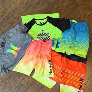 Hurley and UA Kids' Neon and Gray Graphic swim trunks(3) and shirts (2)